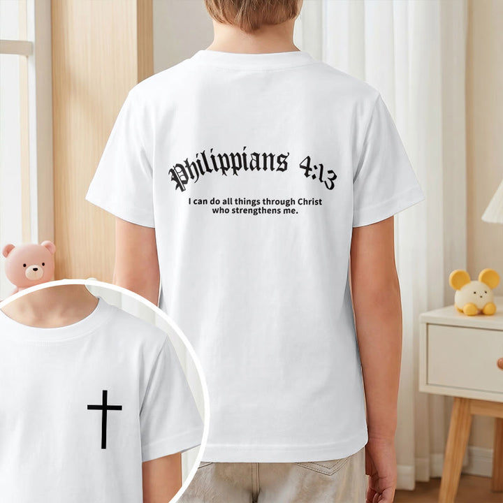 Christianartworkshop Philippians 4:13 Front Chest Cross Back Gothic Font Scripture Kids Short Sleeve T-Shirt - image 11