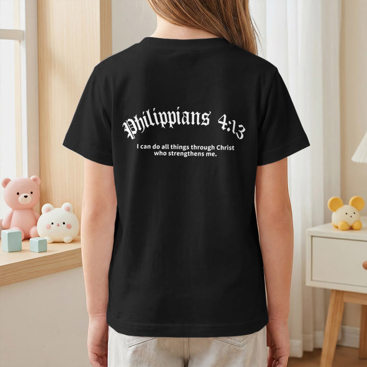 Christianartworkshop Philippians 4:13 Front Chest Cross Back Gothic Font Scripture Kids Short Sleeve T-Shirt - image 44