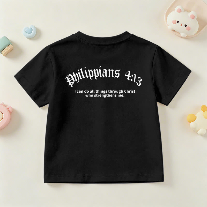 Christianartworkshop Philippians 4:13 Front Chest Cross Back Gothic Font Scripture Kids Short Sleeve T-Shirt - image 42