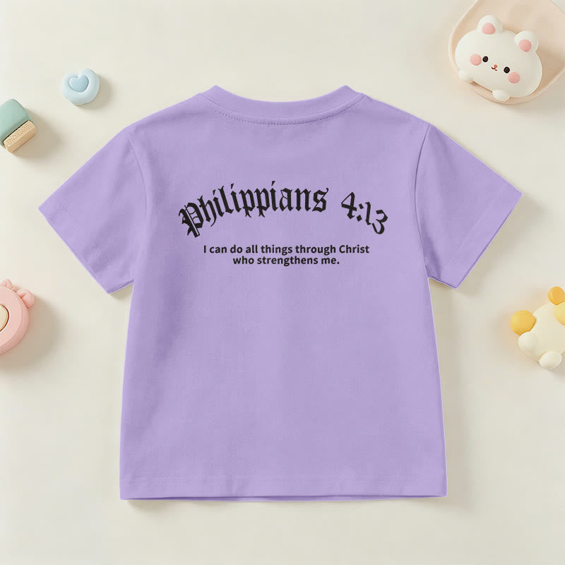 Christianartworkshop Philippians 4:13 Front Chest Cross Back Gothic Font Scripture Kids Short Sleeve T-Shirt - image 51