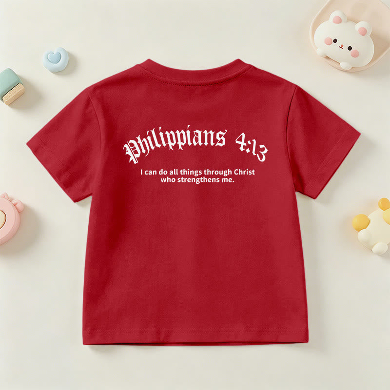 Christianartworkshop Philippians 4:13 Front Chest Cross Back Gothic Font Scripture Kids Short Sleeve T-Shirt - image 60