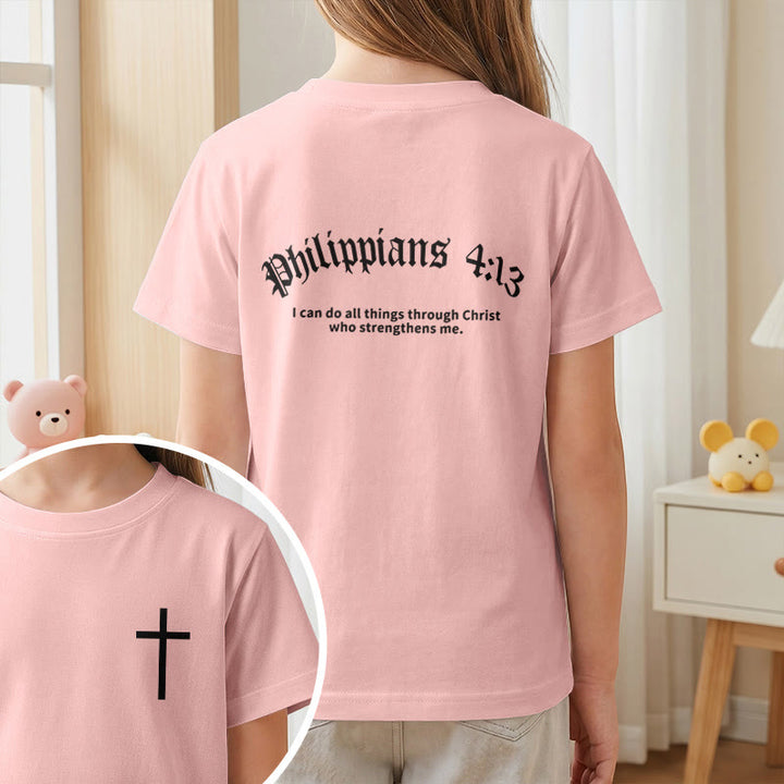 Christianartworkshop Philippians 4:13 Front Chest Cross Back Gothic Font Scripture Kids Short Sleeve T-Shirt - image 65