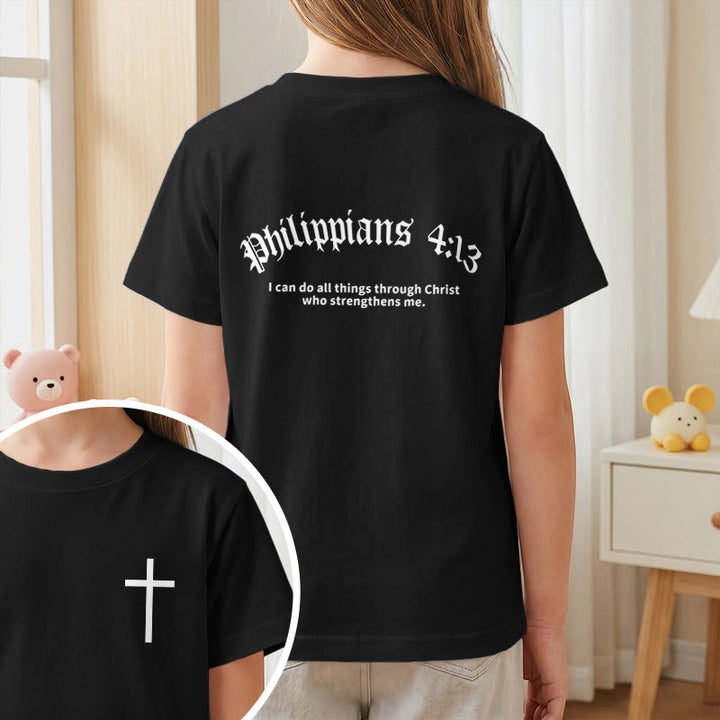 Christianartworkshop Philippians 4:13 Front Chest Cross Back Gothic Font Scripture Kids Short Sleeve T-Shirt - image 38