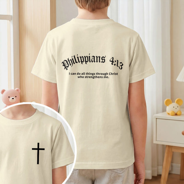 Christianartworkshop Philippians 4:13 Front Chest Cross Back Gothic Font Scripture Kids Short Sleeve T-Shirt - image 1