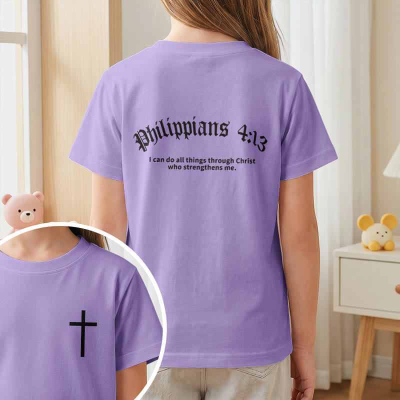 Christianartworkshop Philippians 4:13 Front Chest Cross Back Gothic Font Scripture Kids Short Sleeve T-Shirt - image 47