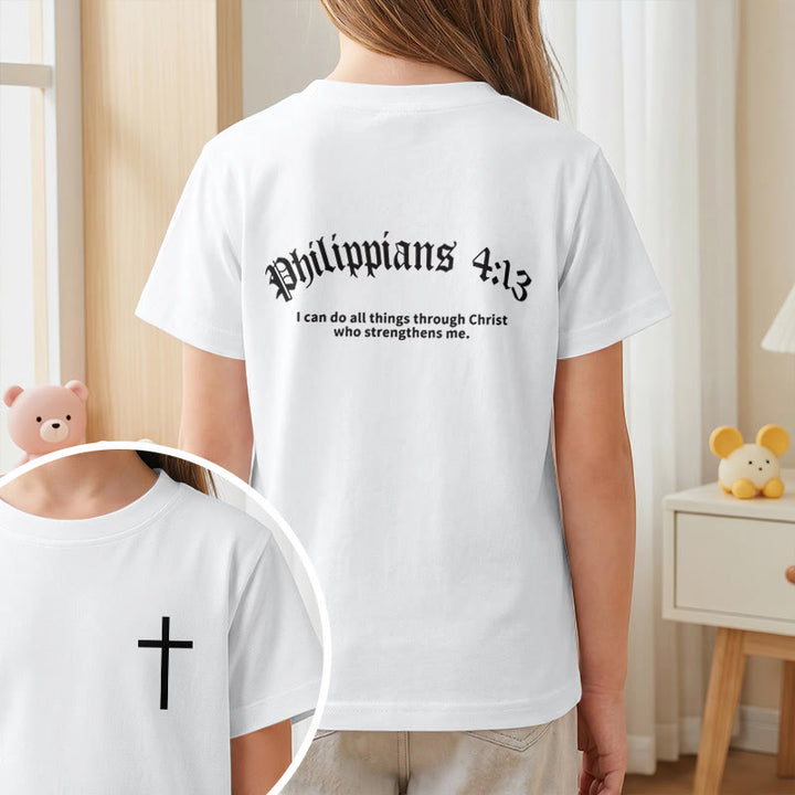 Christianartworkshop Philippians 4:13 Front Chest Cross Back Gothic Font Scripture Kids Short Sleeve T-Shirt - image 10