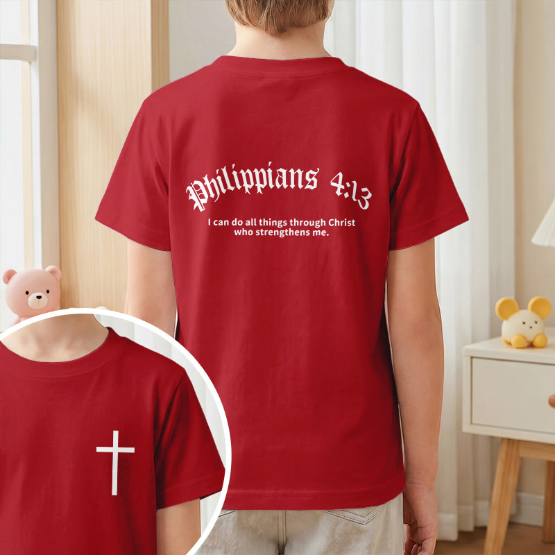 Christianartworkshop Philippians 4:13 Front Chest Cross Back Gothic Font Scripture Kids Short Sleeve T-Shirt - image 55