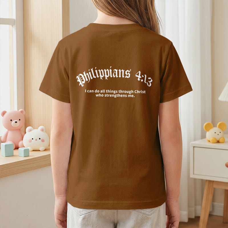 Christianartworkshop Philippians 4:13 Front Chest Cross Back Gothic Font Scripture Kids Short Sleeve T-Shirt - image 26