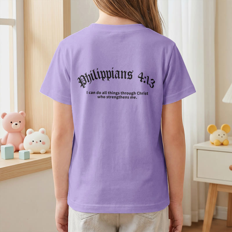 Christianartworkshop Philippians 4:13 Front Chest Cross Back Gothic Font Scripture Kids Short Sleeve T-Shirt - image 53