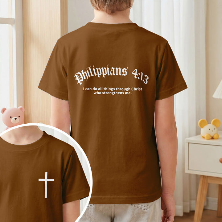 Christianartworkshop Philippians 4:13 Front Chest Cross Back Gothic Font Scripture Kids Short Sleeve T-Shirt - image 19