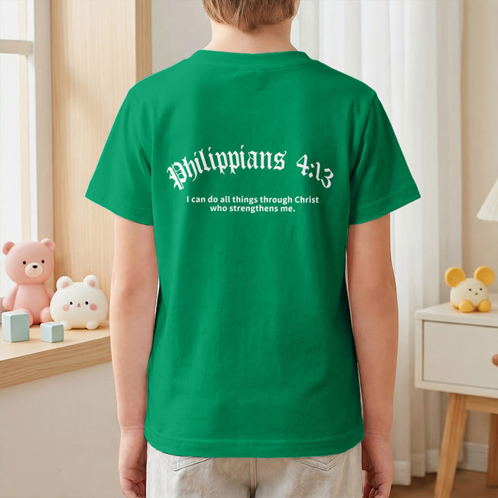 Christianartworkshop Philippians 4:13 Front Chest Cross Back Gothic Font Scripture Kids Short Sleeve T-Shirt - image 79