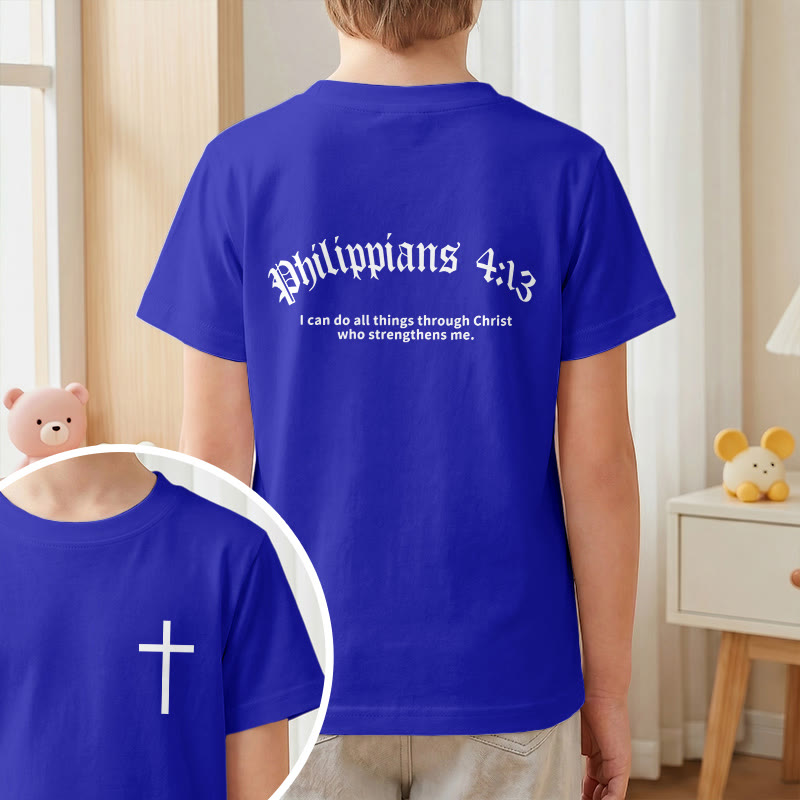 Christianartworkshop Philippians 4:13 Front Chest Cross Back Gothic Font Scripture Kids Short Sleeve T-Shirt - image 82