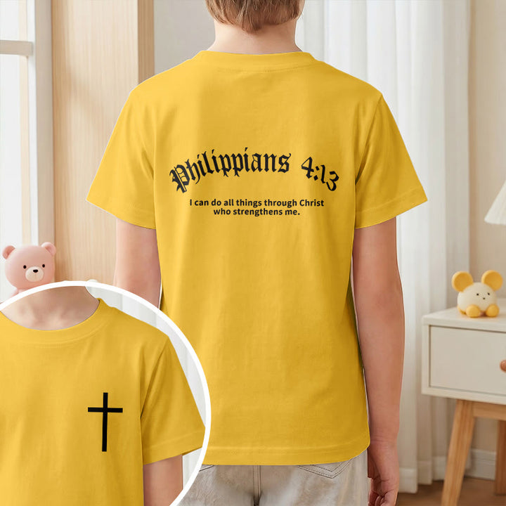 Christianartworkshop Philippians 4:13 Front Chest Cross Back Gothic Font Scripture Kids Short Sleeve T-Shirt - image 28