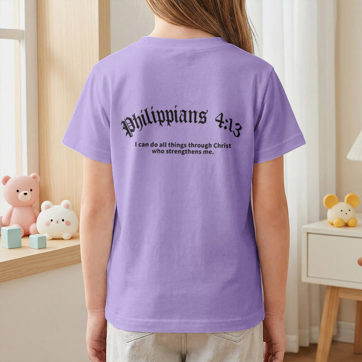 Christianartworkshop Philippians 4:13 Front Chest Cross Back Gothic Font Scripture Kids Short Sleeve T-Shirt - image 53