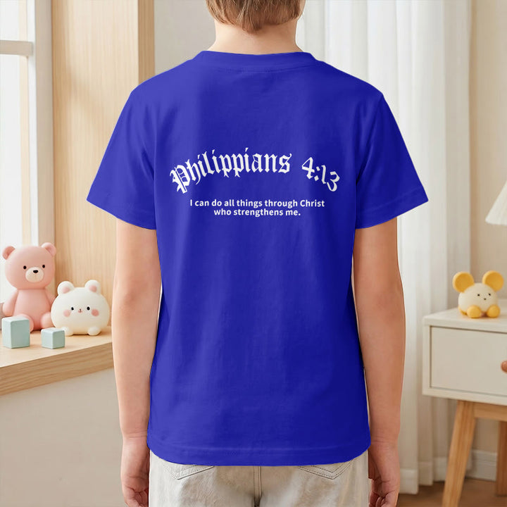 Christianartworkshop Philippians 4:13 Front Chest Cross Back Gothic Font Scripture Kids Short Sleeve T-Shirt - image 88