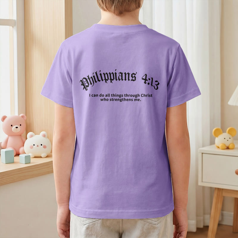 Christianartworkshop Philippians 4:13 Front Chest Cross Back Gothic Font Scripture Kids Short Sleeve T-Shirt - image 52