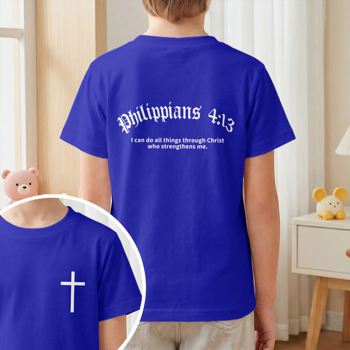 Christianartworkshop Philippians 4:13 Front Chest Cross Back Gothic Font Scripture Kids Short Sleeve T-Shirt - image 82