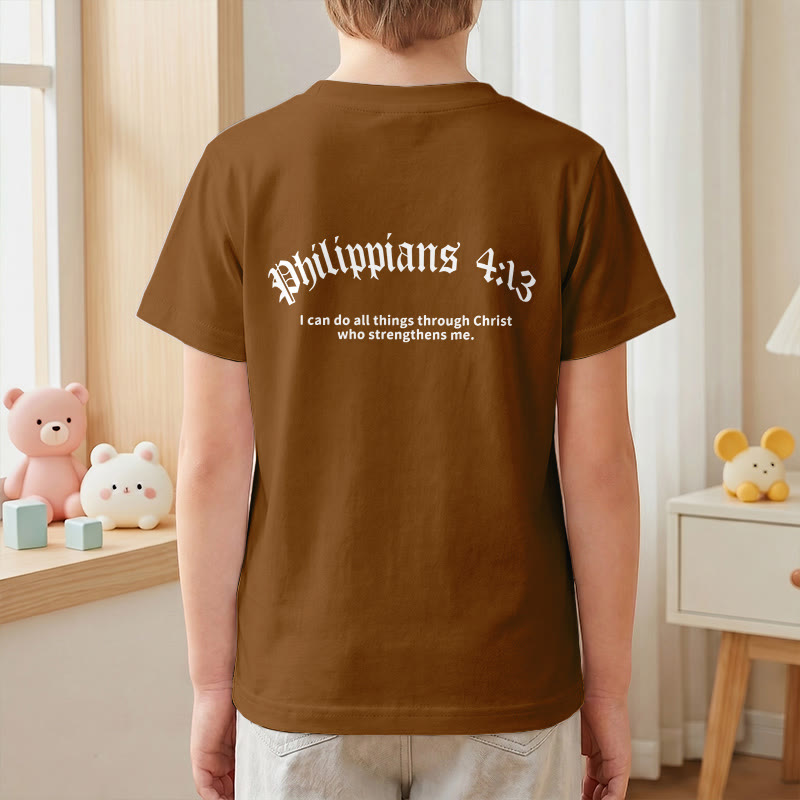 Christianartworkshop Philippians 4:13 Front Chest Cross Back Gothic Font Scripture Kids Short Sleeve T-Shirt - image 25