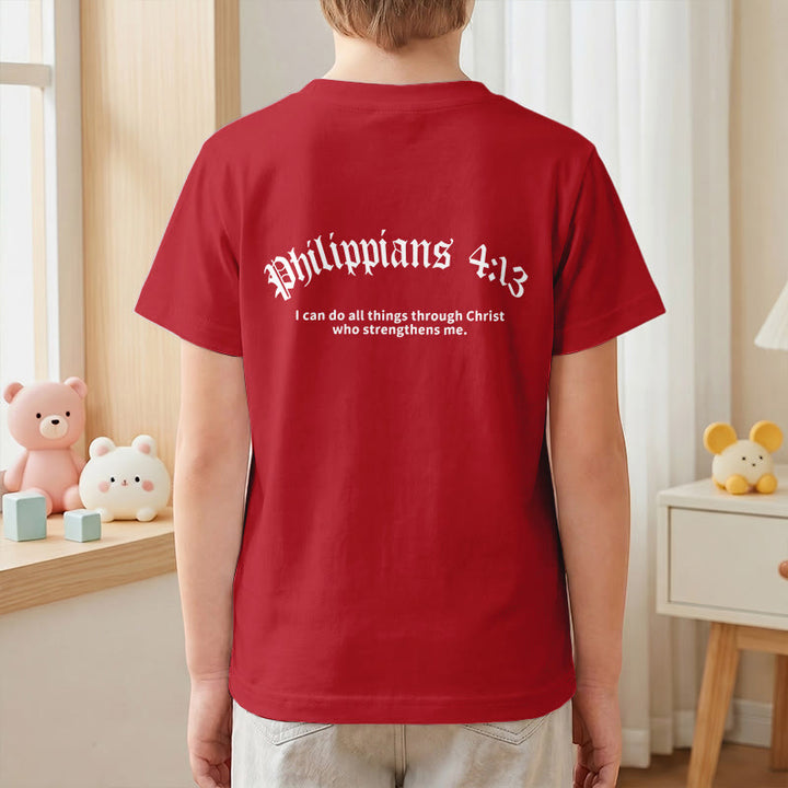 Christianartworkshop Philippians 4:13 Front Chest Cross Back Gothic Font Scripture Kids Short Sleeve T-Shirt - image 61
