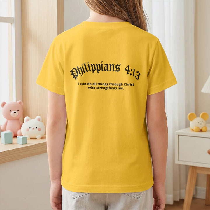 Christianartworkshop Philippians 4:13 Front Chest Cross Back Gothic Font Scripture Kids Short Sleeve T-Shirt - image 35