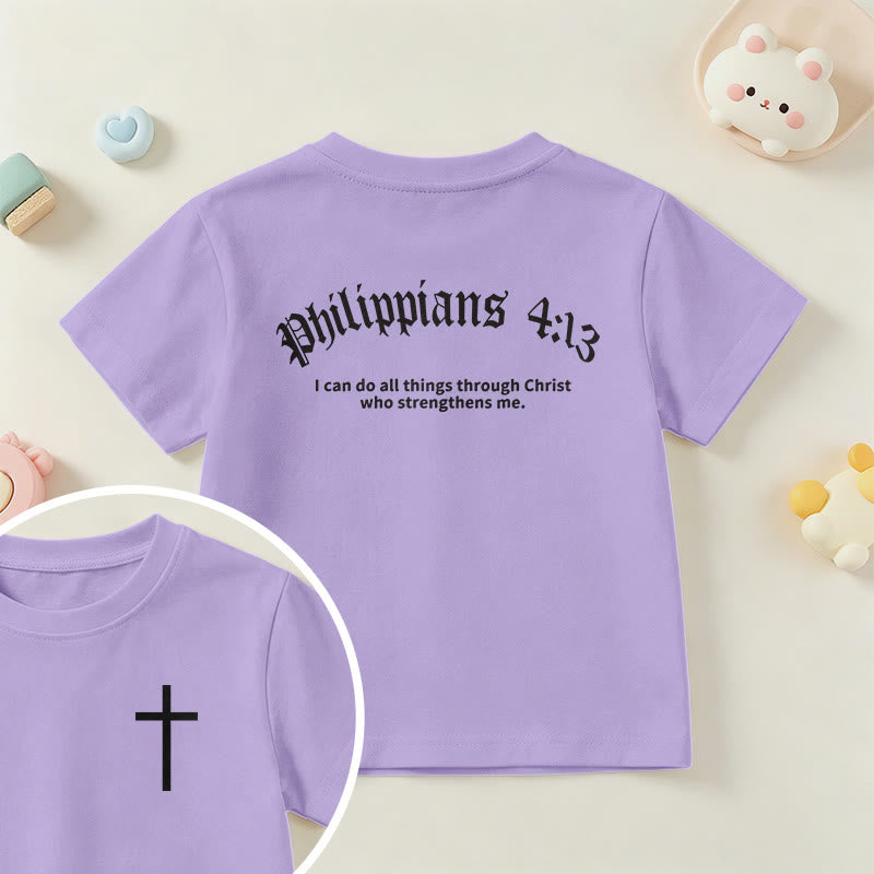 Christianartworkshop Philippians 4:13 Front Chest Cross Back Gothic Font Scripture Kids Short Sleeve T-Shirt - Purple - US/UK/AU 14, EU170 - image 45