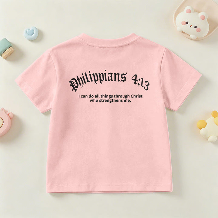 Christianartworkshop Philippians 4:13 Front Chest Cross Back Gothic Font Scripture Kids Short Sleeve T-Shirt - image 69
