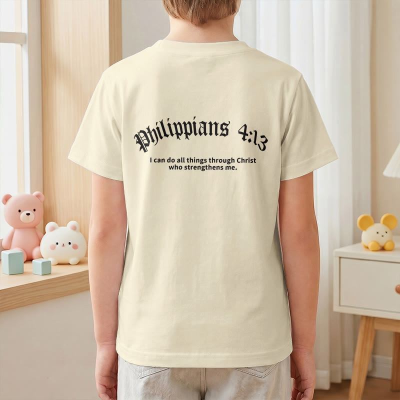 Christianartworkshop Philippians 4:13 Front Chest Cross Back Gothic Font Scripture Kids Short Sleeve T-Shirt - image 7