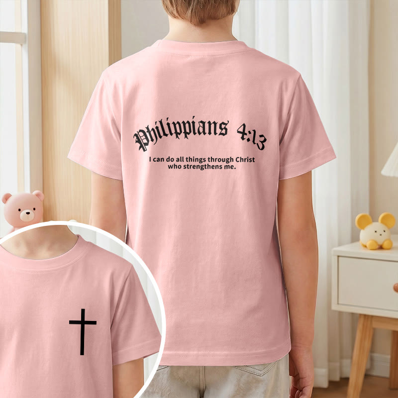 Christianartworkshop Philippians 4:13 Front Chest Cross Back Gothic Font Scripture Kids Short Sleeve T-Shirt - image 64