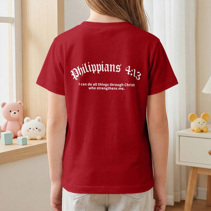 Christianartworkshop Philippians 4:13 Front Chest Cross Back Gothic Font Scripture Kids Short Sleeve T-Shirt - image 62