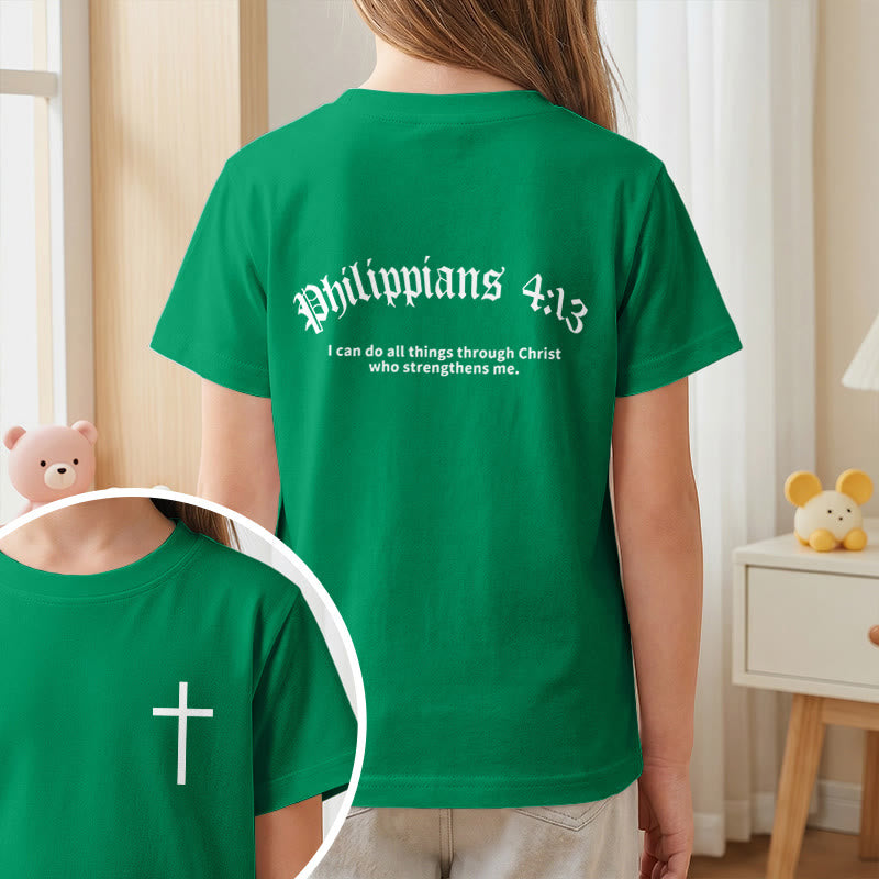 Christianartworkshop Philippians 4:13 Front Chest Cross Back Gothic Font Scripture Kids Short Sleeve T-Shirt - image 74