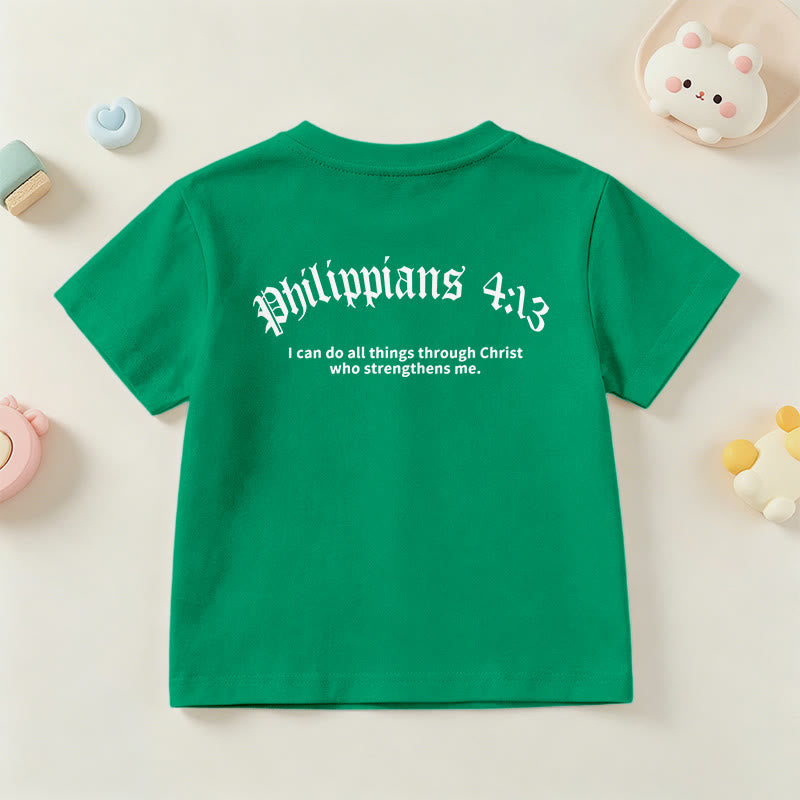Christianartworkshop Philippians 4:13 Front Chest Cross Back Gothic Font Scripture Kids Short Sleeve T-Shirt - image 78