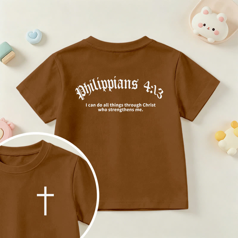 Christianartworkshop Philippians 4:13 Front Chest Cross Back Gothic Font Scripture Kids Short Sleeve T-Shirt - Brown - US/UK/AU 14, EU170 - image 18