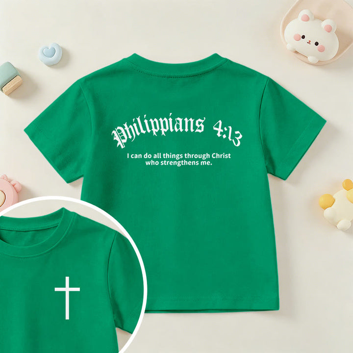 Christianartworkshop Philippians 4:13 Front Chest Cross Back Gothic Font Scripture Kids Short Sleeve T-Shirt - Green - US/UK/AU 14, EU170 - image 72