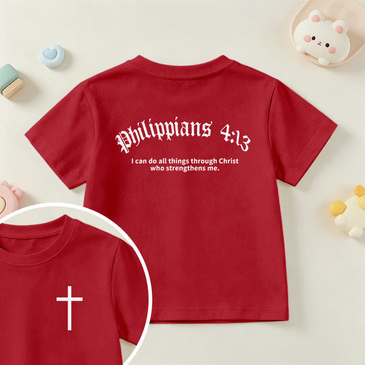 Christianartworkshop Philippians 4:13 Front Chest Cross Back Gothic Font Scripture Kids Short Sleeve T-Shirt - Red - US/UK/AU 14, EU170 - image 54