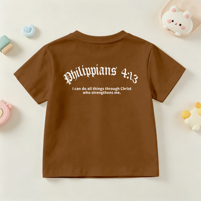 Christianartworkshop Philippians 4:13 Front Chest Cross Back Gothic Font Scripture Kids Short Sleeve T-Shirt - image 24