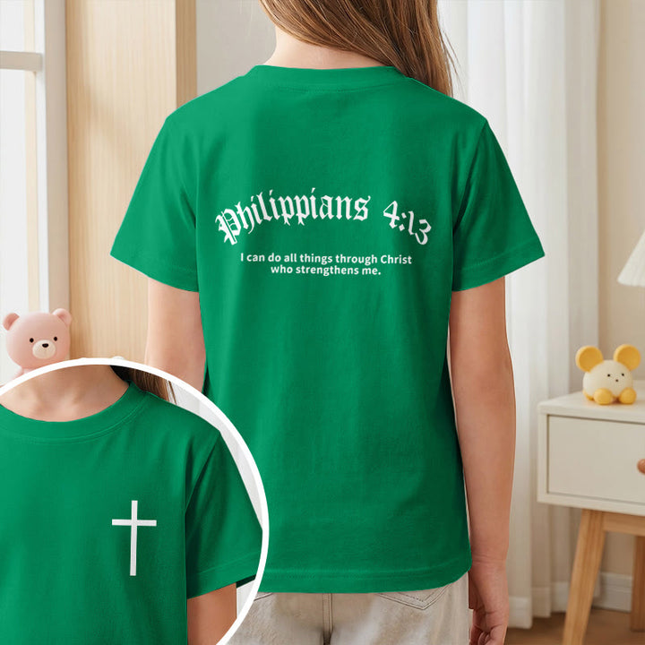 Christianartworkshop Philippians 4:13 Front Chest Cross Back Gothic Font Scripture Kids Short Sleeve T-Shirt - image 74