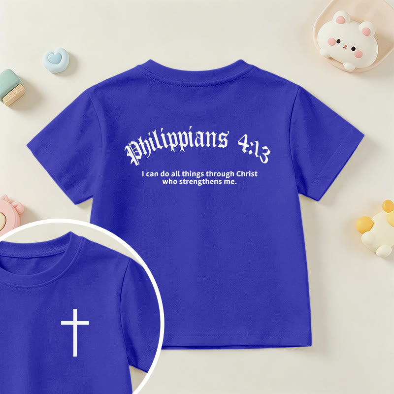 Christianartworkshop Philippians 4:13 Front Chest Cross Back Gothic Font Scripture Kids Short Sleeve T-Shirt - Blue - US/UK/AU 14, EU170 - image 81