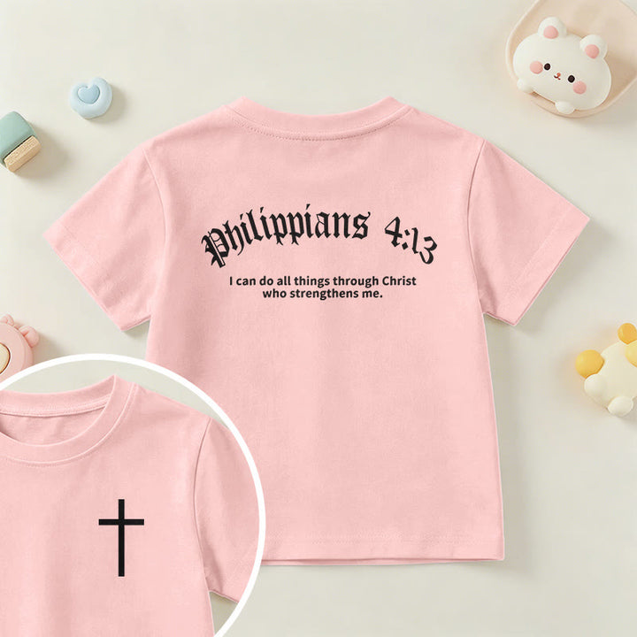 Christianartworkshop Philippians 4:13 Front Chest Cross Back Gothic Font Scripture Kids Short Sleeve T-Shirt - Pink - US/UK/AU 14, EU170 - image 63