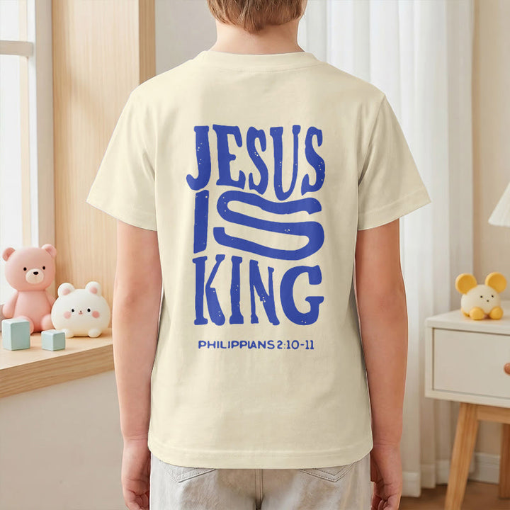 Christianartworkshop "Jesus Is King" Philippians 2:10-11 Distressed Bold Font Front Back Print Kids Short Sleeve T-Shirt - image 7