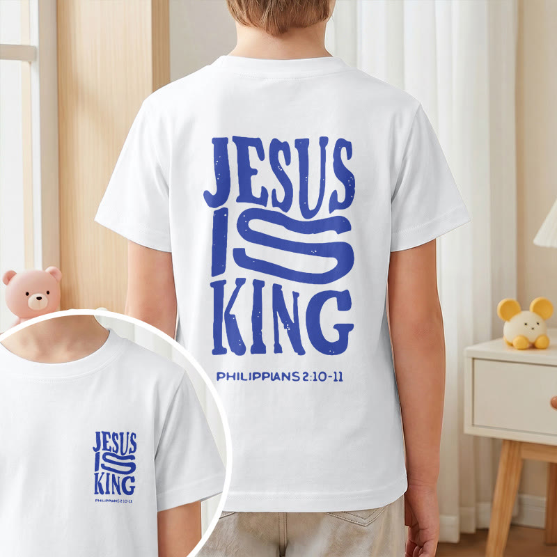 Christianartworkshop "Jesus Is King" Philippians 2:10-11 Distressed Bold Font Front Back Print Kids Short Sleeve T-Shirt - image 10