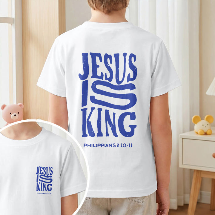 Christianartworkshop "Jesus Is King" Philippians 2:10-11 Distressed Bold Font Front Back Print Kids Short Sleeve T-Shirt - image 10