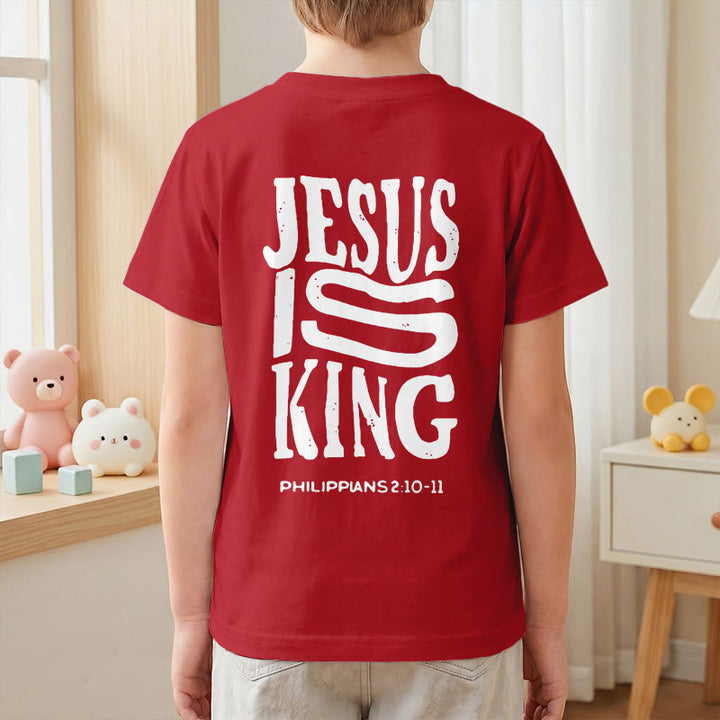 Christianartworkshop "Jesus Is King" Philippians 2:10-11 Distressed Bold Font Front Back Print Kids Short Sleeve T-Shirt - image 61