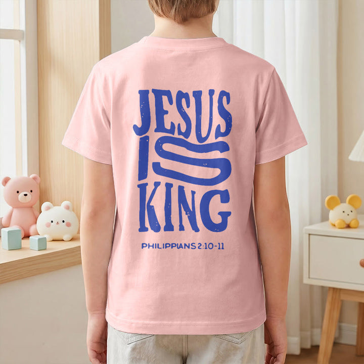 Christianartworkshop "Jesus Is King" Philippians 2:10-11 Distressed Bold Font Front Back Print Kids Short Sleeve T-Shirt - image 70