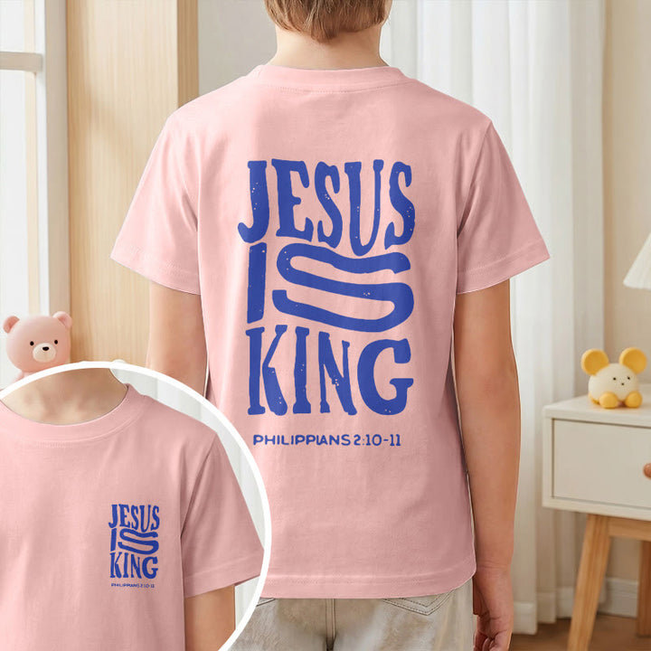 Christianartworkshop "Jesus Is King" Philippians 2:10-11 Distressed Bold Font Front Back Print Kids Short Sleeve T-Shirt - image 64