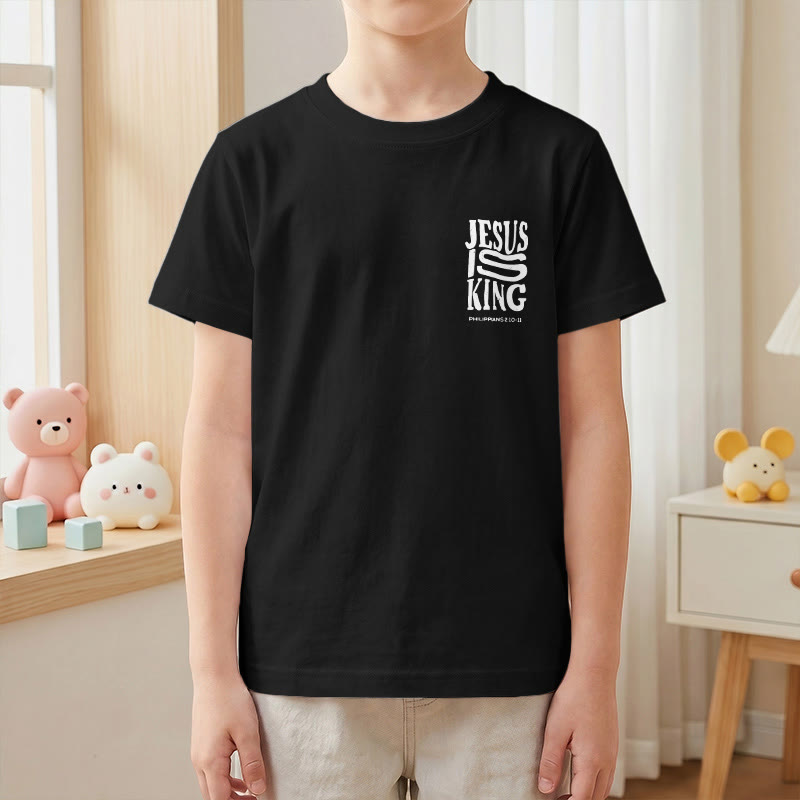 Christianartworkshop "Jesus Is King" Philippians 2:10-11 Distressed Bold Font Front Back Print Kids Short Sleeve T-Shirt - image 40