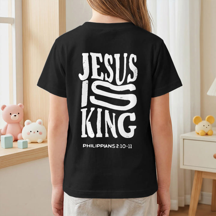 Christianartworkshop "Jesus Is King" Philippians 2:10-11 Distressed Bold Font Front Back Print Kids Short Sleeve T-Shirt - image 44