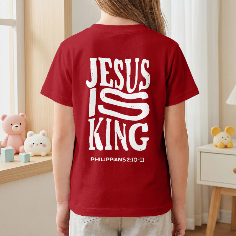 Christianartworkshop "Jesus Is King" Philippians 2:10-11 Distressed Bold Font Front Back Print Kids Short Sleeve T-Shirt - image 62