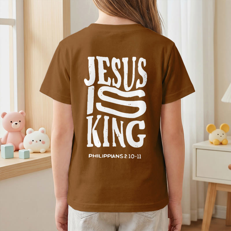 Christianartworkshop "Jesus Is King" Philippians 2:10-11 Distressed Bold Font Front Back Print Kids Short Sleeve T-Shirt - image 26