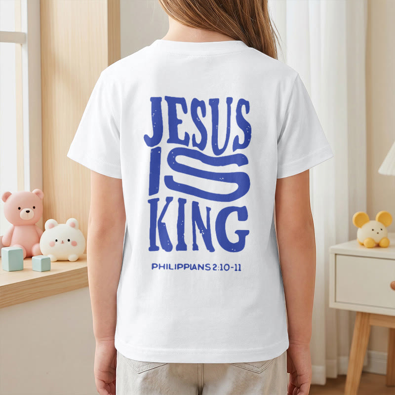 Christianartworkshop "Jesus Is King" Philippians 2:10-11 Distressed Bold Font Front Back Print Kids Short Sleeve T-Shirt - image 17