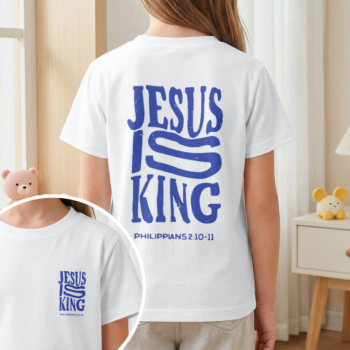 Christianartworkshop "Jesus Is King" Philippians 2:10-11 Distressed Bold Font Front Back Print Kids Short Sleeve T-Shirt - image 11